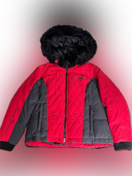 Harley Davidson | Red Quilted Hooded Jacket with Black Panels and Faux Fur - Picture 13 of 14